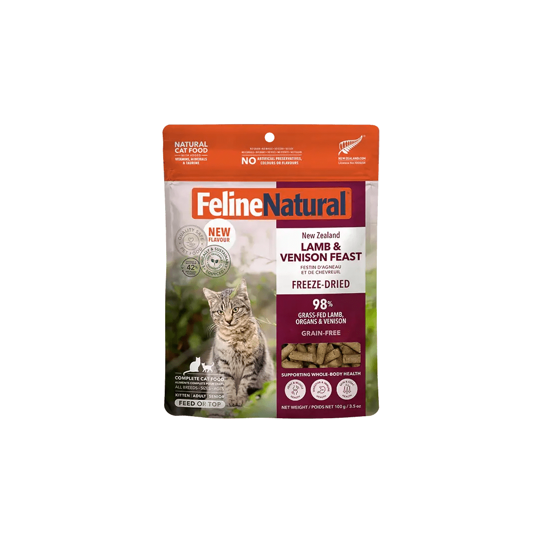 Feline Natural freeze-dried lamb and venison cat food in a resealable pack for healthy feline meals