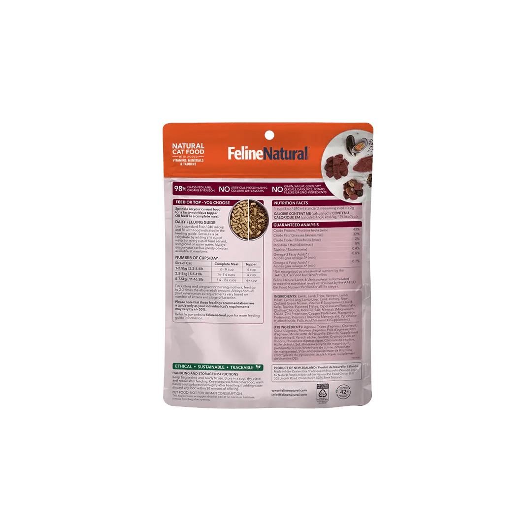 Feline Natural freeze-dried lamb and venison cat food packaging with nutritional information and resealable design