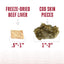 Side-by-side comparison of Icelandic+ Land & Sea Cod Skin (1–2, irregular, brownish, omega-3 rich) and Freeze-Dried Beef (0.5–1, tan, square) Dog Treats; size and type noted above each. Brand: Icelandic+.