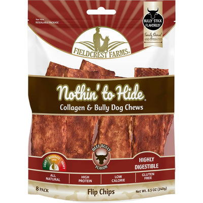 Fieldcrest Farms Nothin' to Hide dog treats in Flip Chips packaging with beef bully flavor