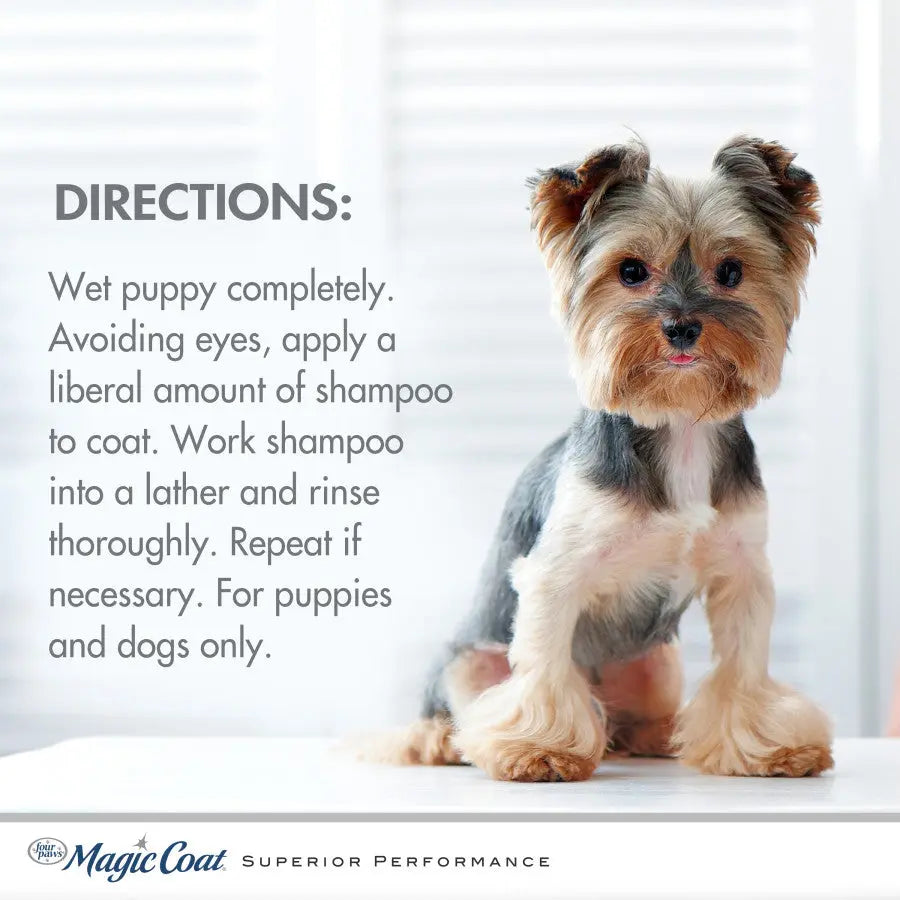 Four Paws tearless puppy shampoo with directions for use on dogs and puppies