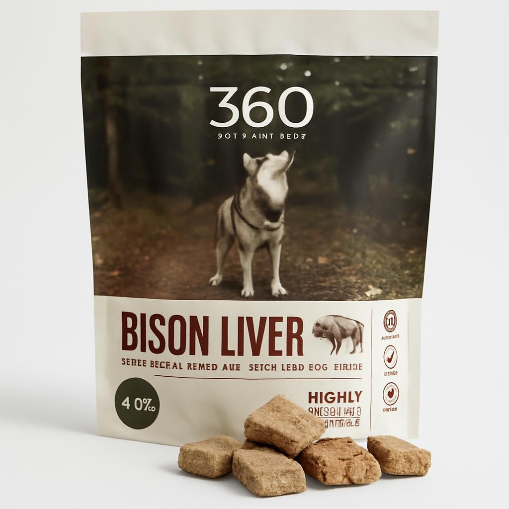 A close-up shot of the 360 Pet Nutrition Bison Liver Grain-Free Freeze-Dried Dog Treats package, with the treats spilling out onto a clean, white surface to showcase their texture and color.