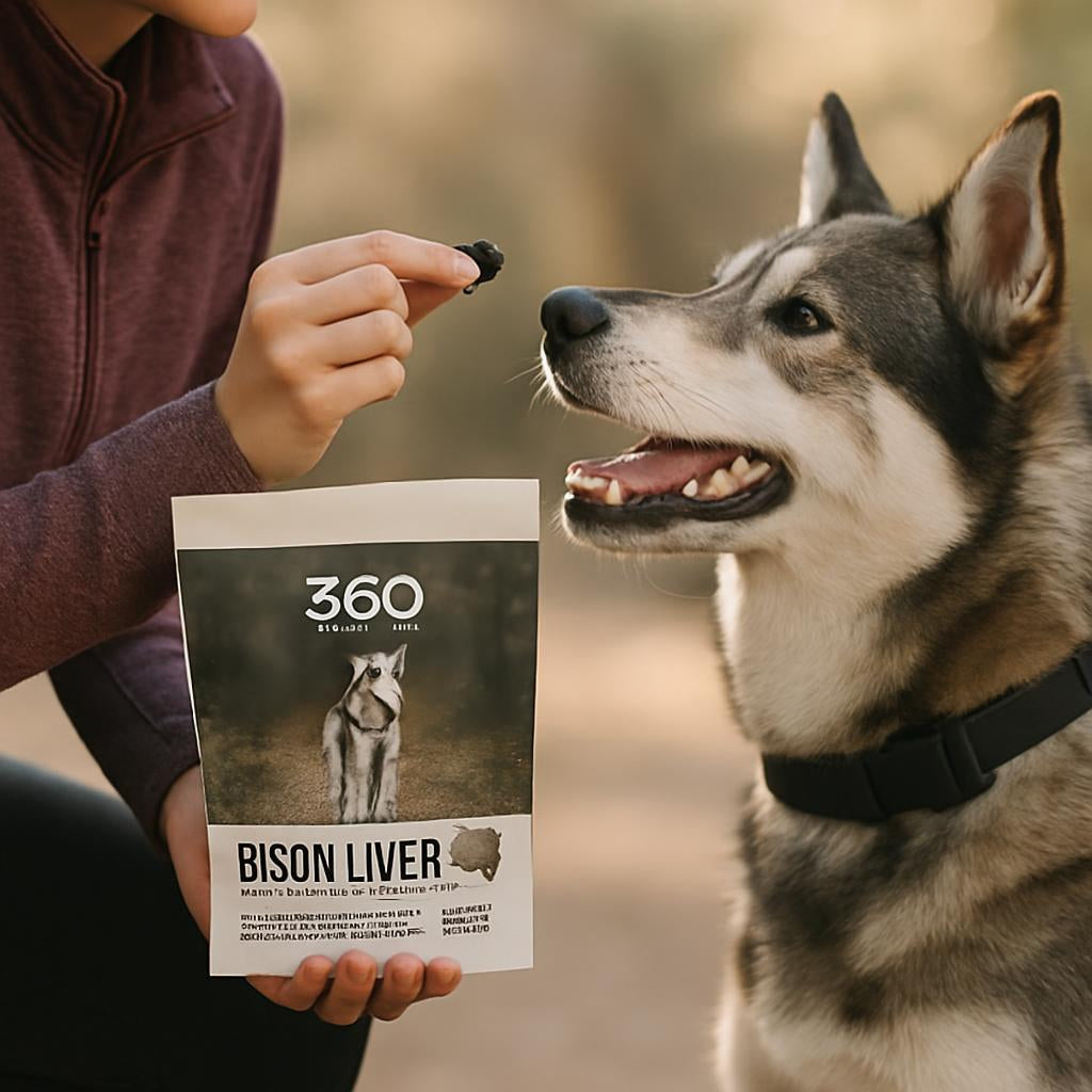 A lifestyle scene of a dog trainer giving the treats to a well-behaved dog during training, with a focus on the treats as a healthy reward against a blurred outdoor background.