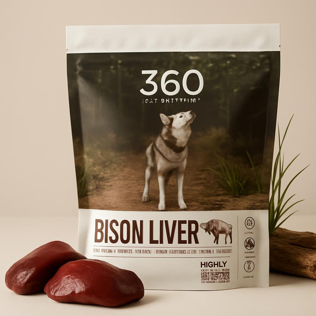 A minimalist studio setup with the treat package prominently displayed, accompanied by fresh bison liver and natural elements like grass or wood to highlight the product’s pure, natural ingredients.