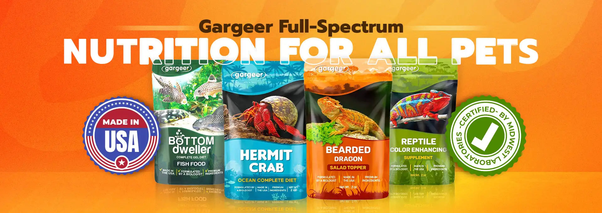 Gargeer full-spectrum pet food bags in vibrant packaging featuring aquatic, hermit crab, bearded dragon, and reptile color-enhancing formulas.