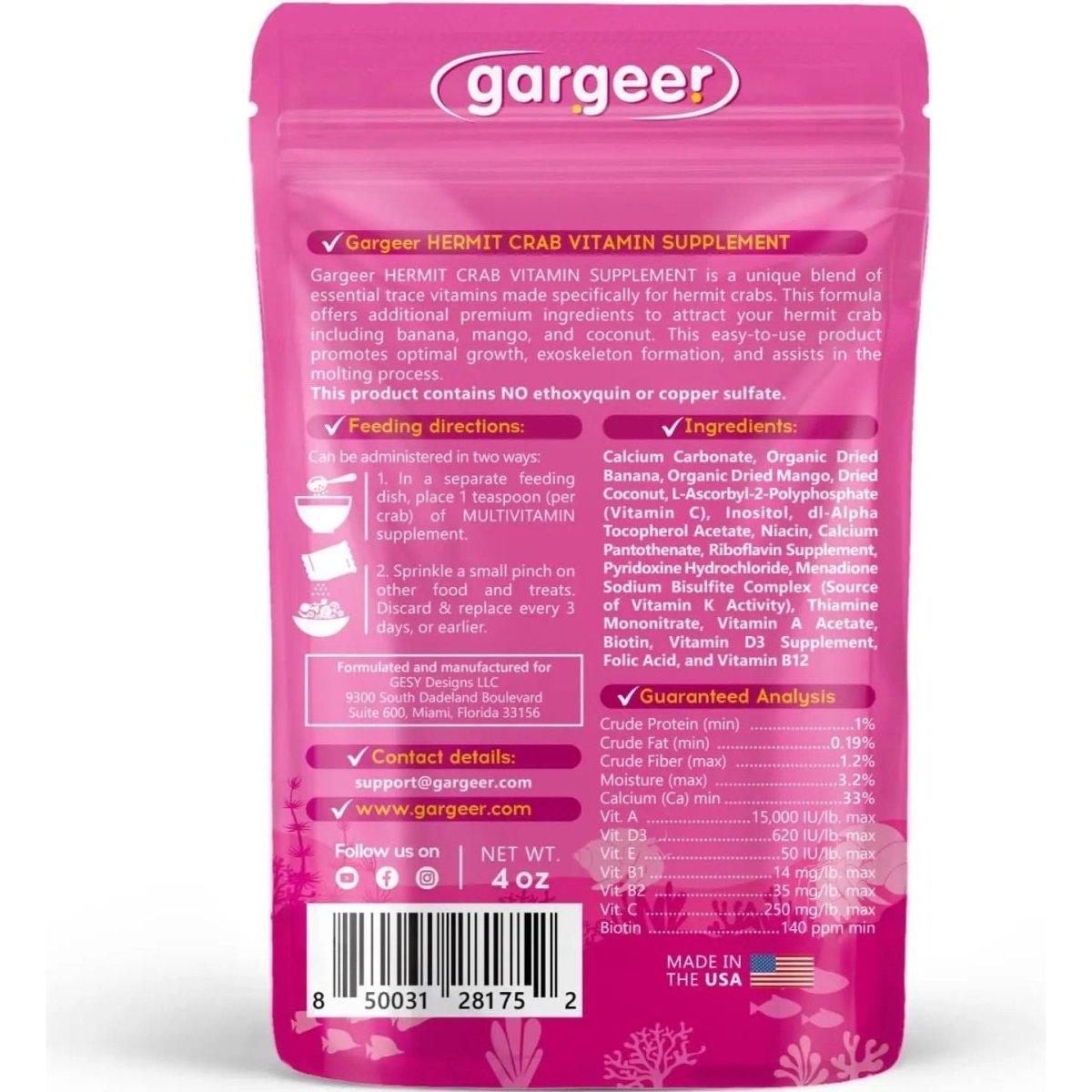 Gargeer Hermit Crab Multi - Vitamin Supplement 4oz - Talis Us