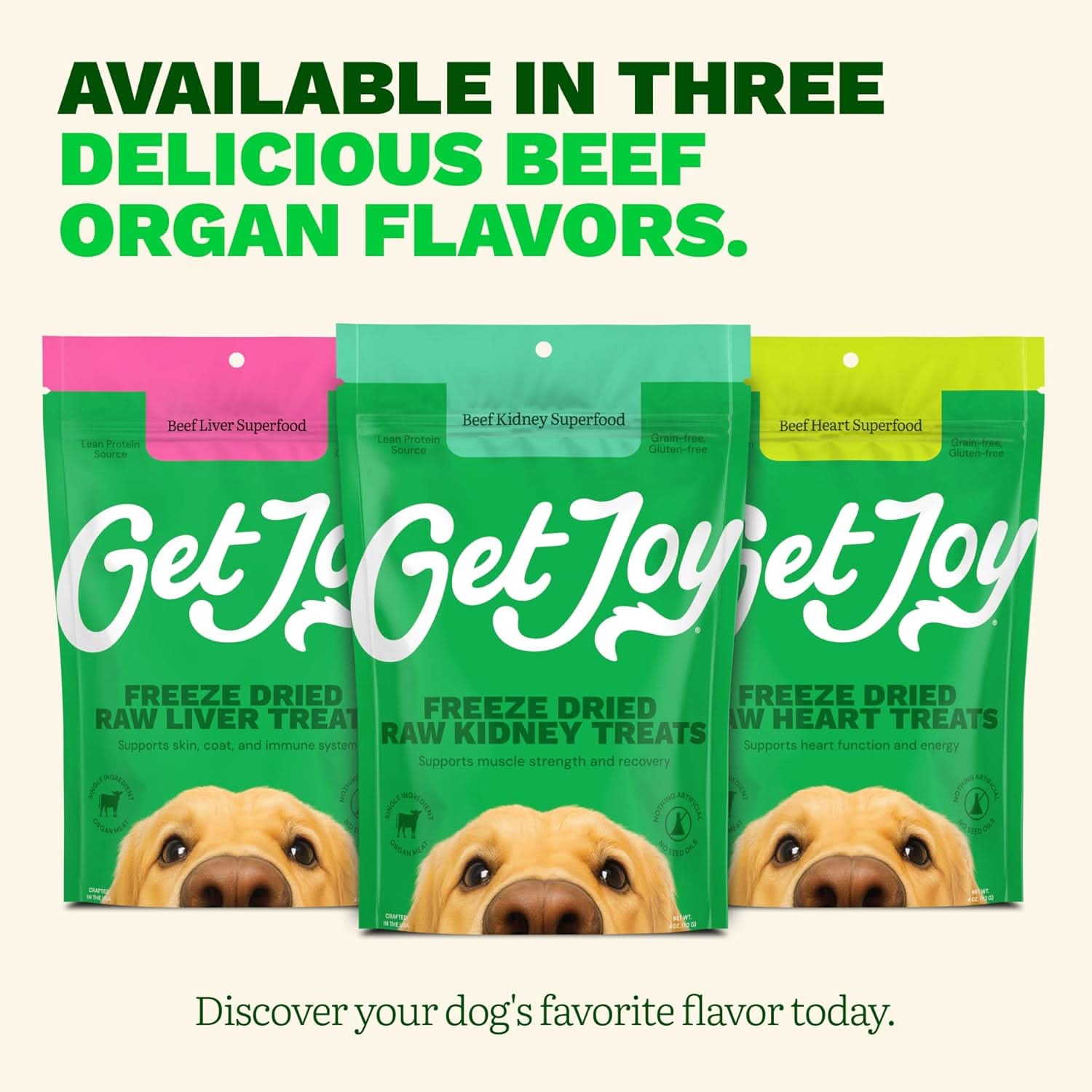 Get Joy beef kidney freeze dried dog treats in three flavors for a nutritious pet snack