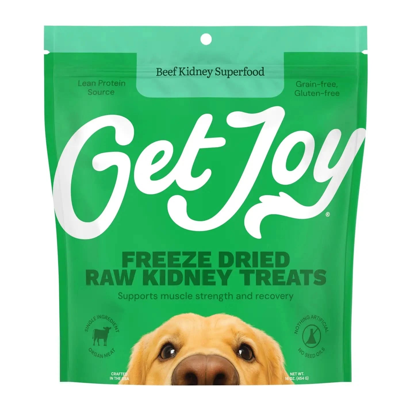 Get Joy beef kidney freeze dried dog treats package featuring a supportive muscle recovery formula