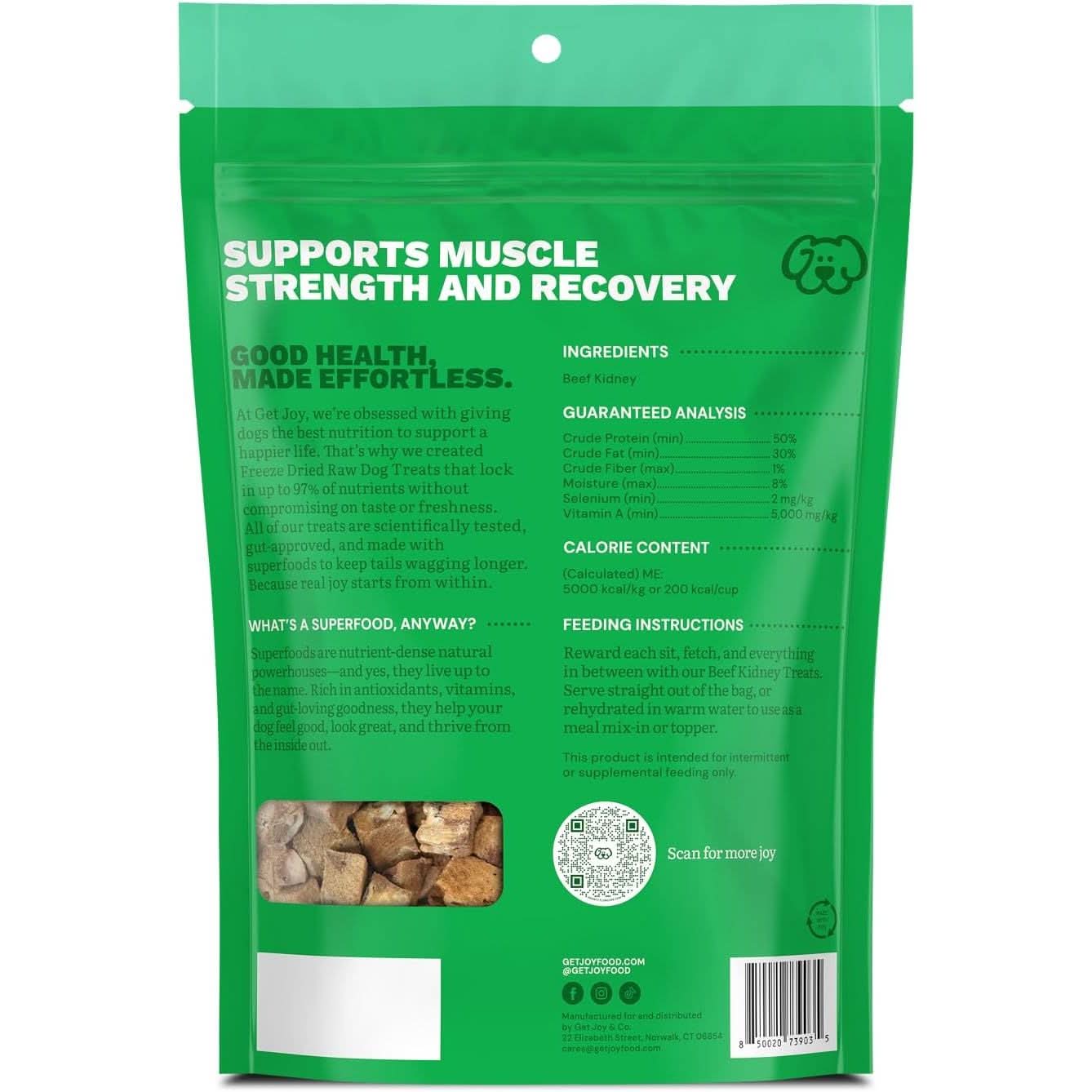 Get Joy beef kidney freeze dried dog treats packed with natural nutrients for muscle recovery and strength