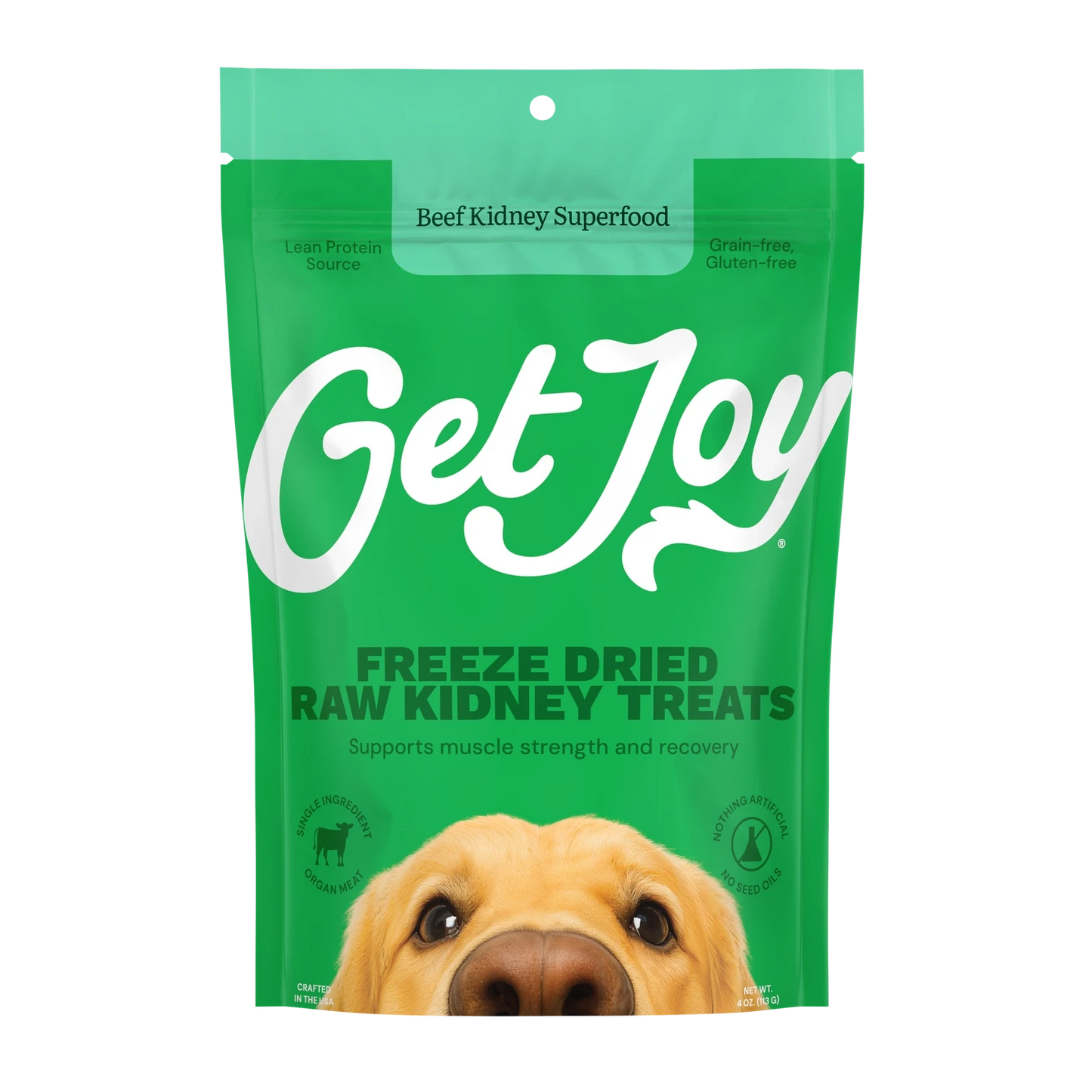 Get Joy beef kidney freeze dried dog treats in a vibrant packaging for canine muscle recovery