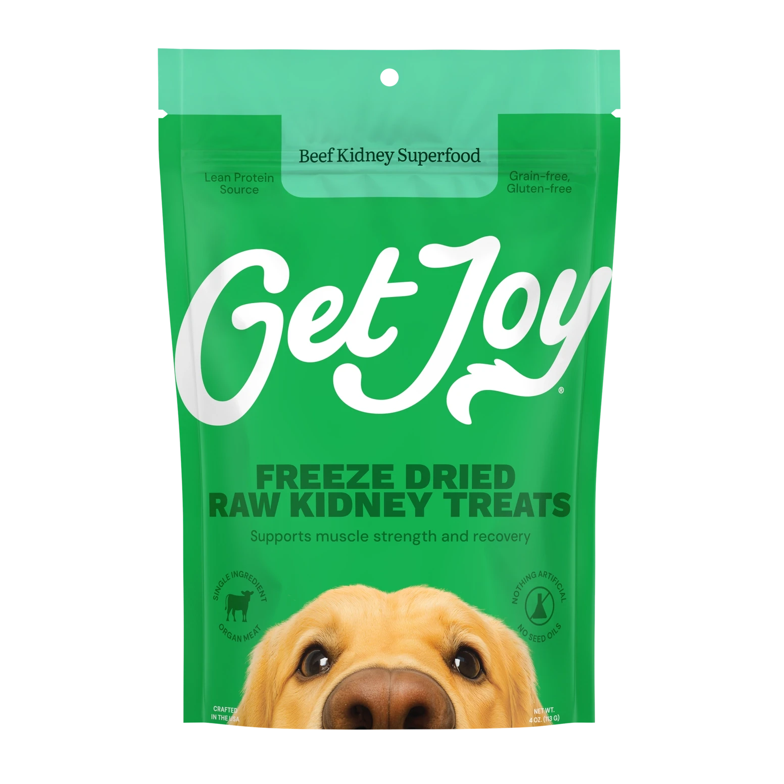 Get Joy beef kidney freeze dried dog treats in a vibrant packaging for canine muscle recovery