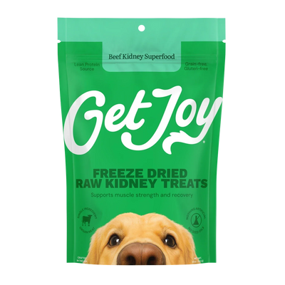 Get Joy beef kidney freeze dried dog treats in a vibrant packaging for canine muscle recovery