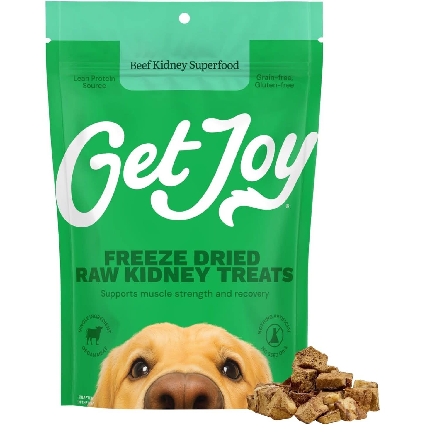 Get Joy Beef Kidney Freeze Dried Dog Treats in a green bag, supporting muscle strength and recovery