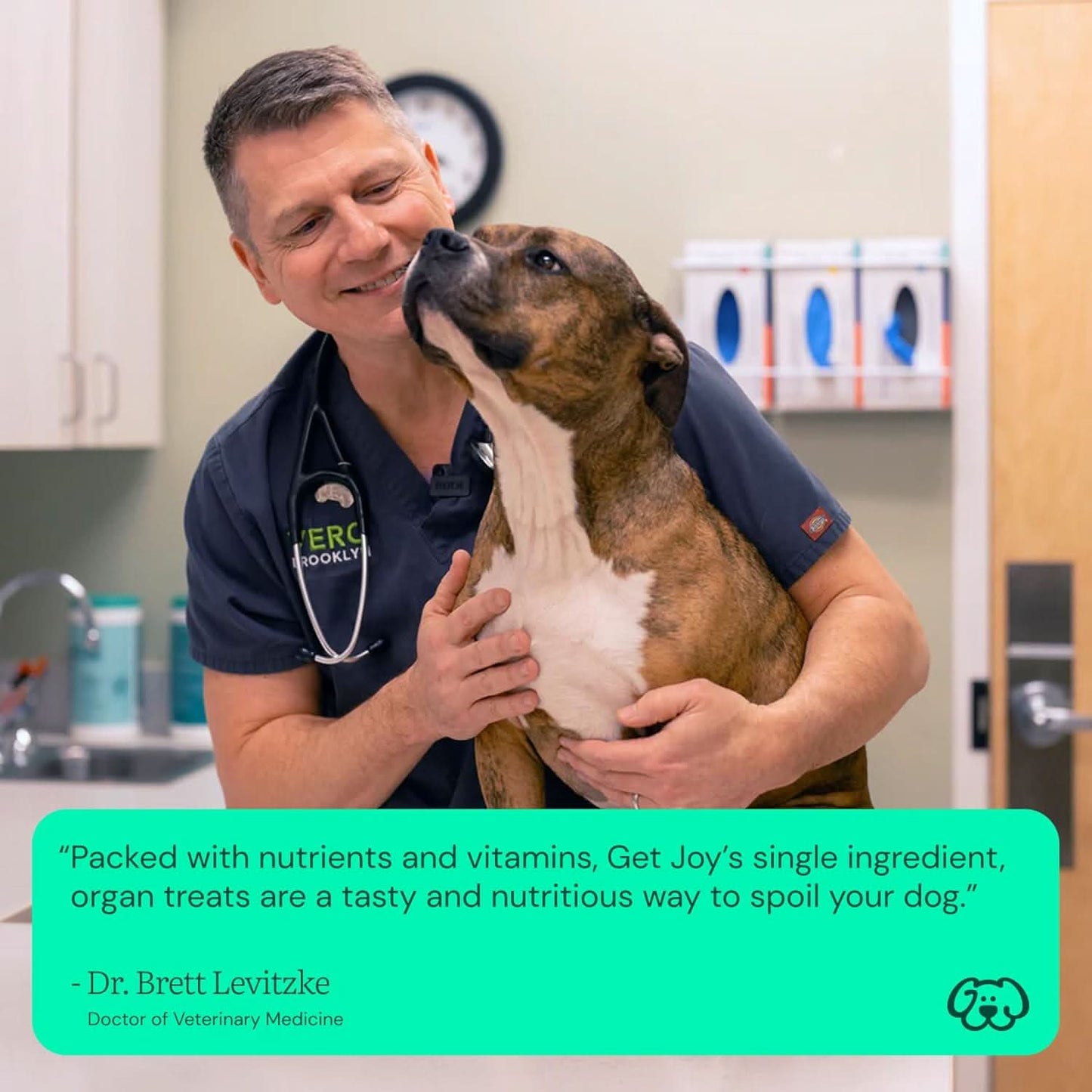 Veterinarian with a dog enjoying Get Joy beef kidney freeze dried dog treats, promoting healthy snacking