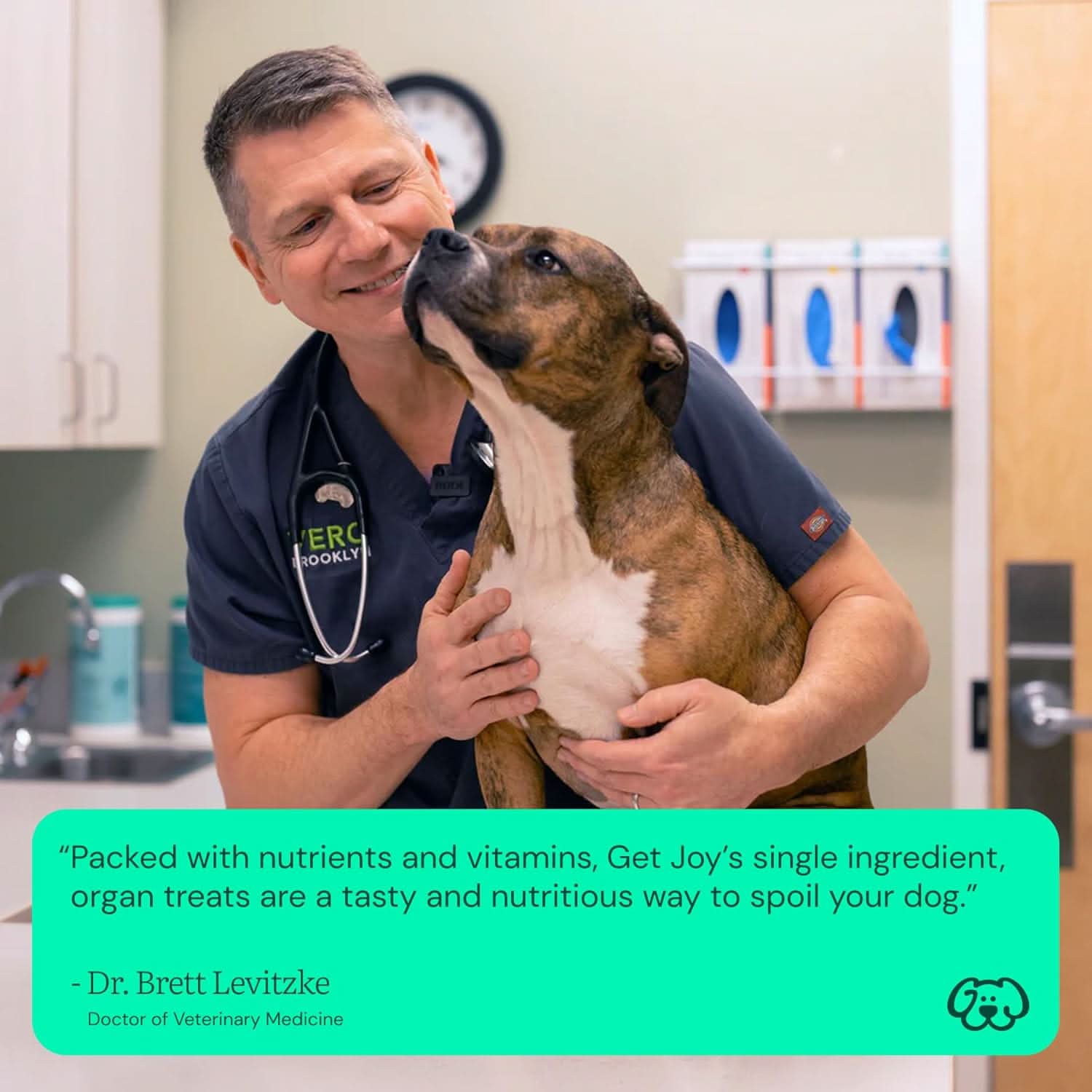 Veterinarian with a dog enjoying Get Joy beef kidney freeze dried dog treats, promoting healthy snacking