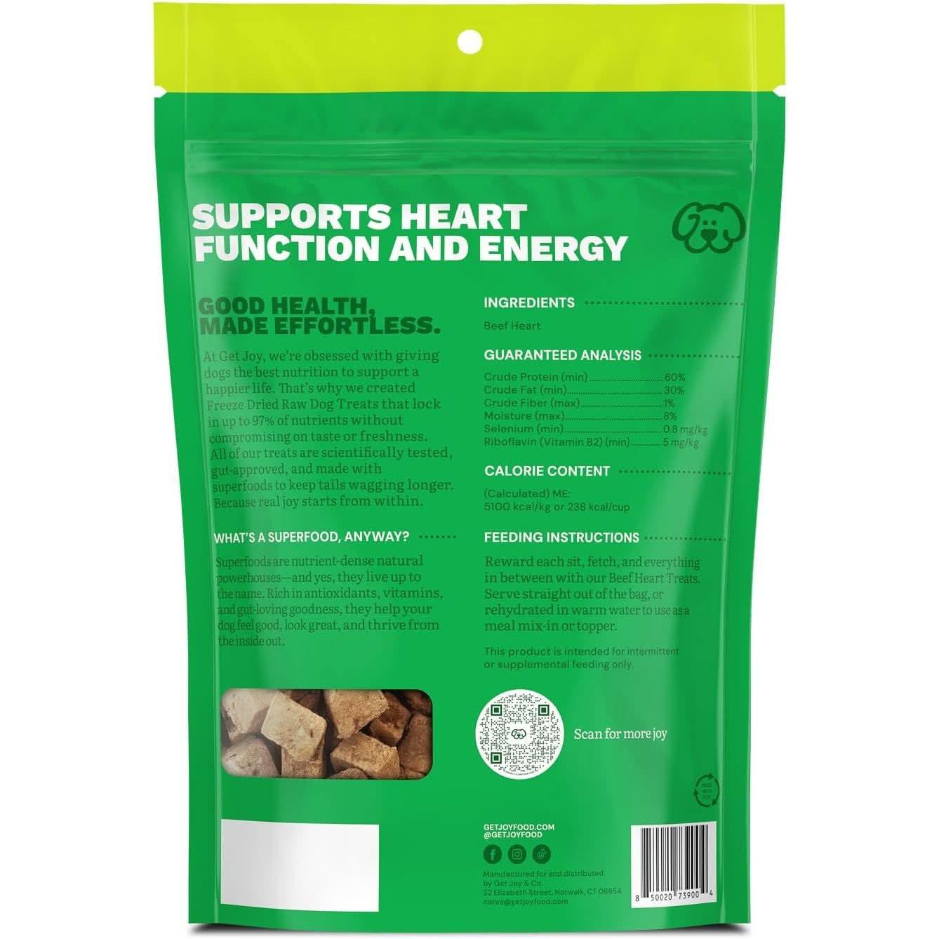 Get Joy freeze dried beef heart dog treats in a green resealable bag for healthy pet snacks