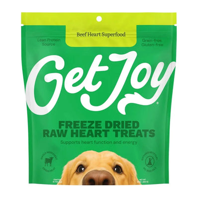 Get Joy freeze dried beef heart dog treats in a green bag supporting heart function and energy