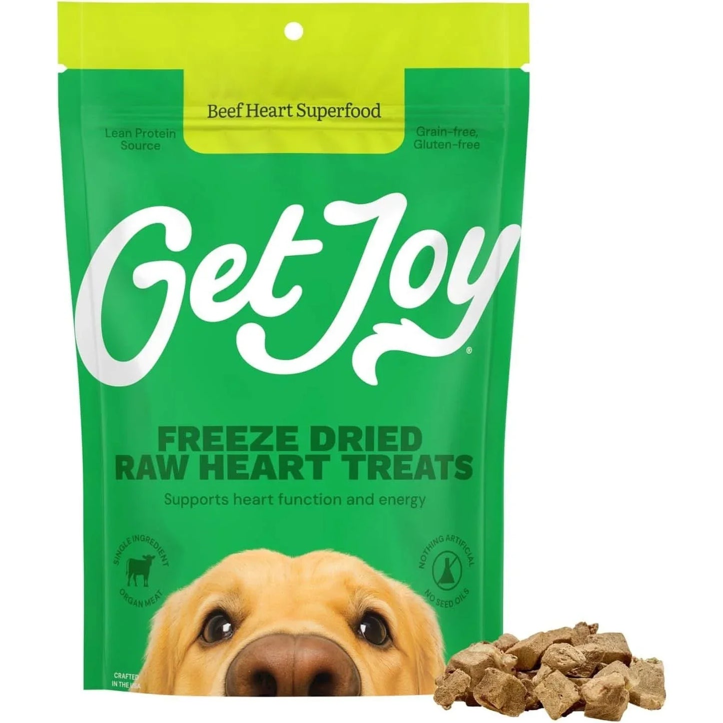 Get Joy freeze dried beef heart dog treats in a green bag with a dog and treat pieces for heart health