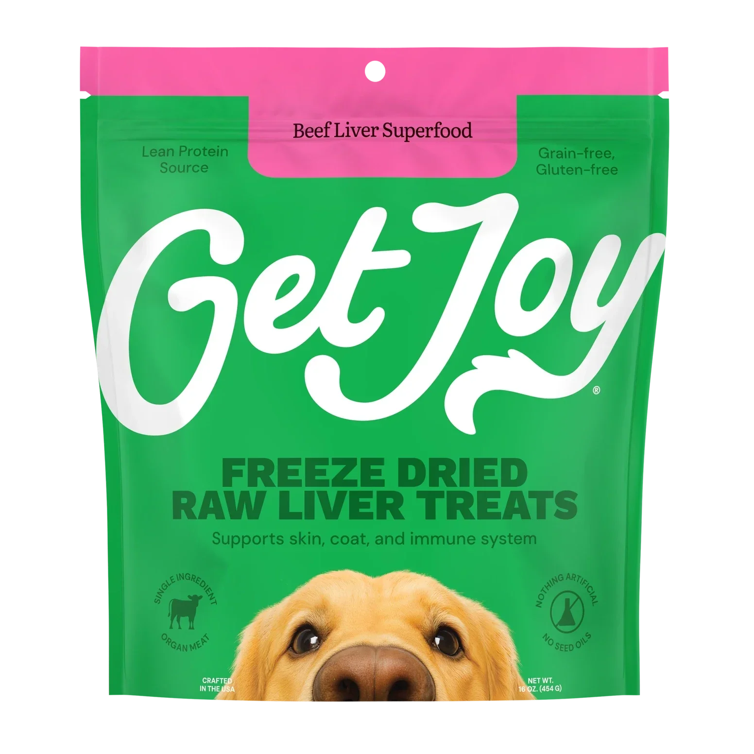 Get Joy freeze dried beef liver dog treats in a vibrant green package for healthy snacks