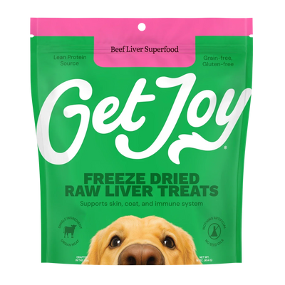 Get Joy freeze dried beef liver dog treats in a vibrant green package for healthy snacks