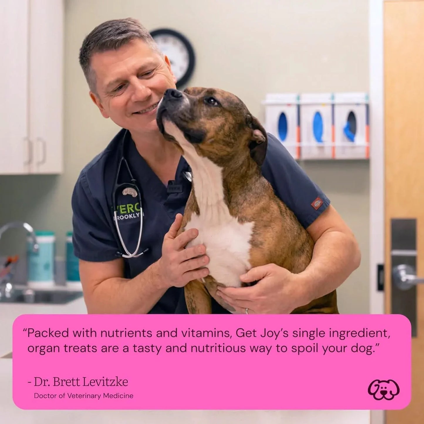 Veterinary professional with a dog promoting freeze dried beef liver dog treats by Get Joy