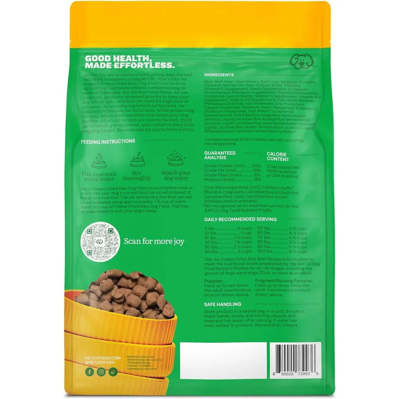 Get Joy Freeze Dried Raw Dog Food with natural ingredients and feeding instructions on the back of the bag
