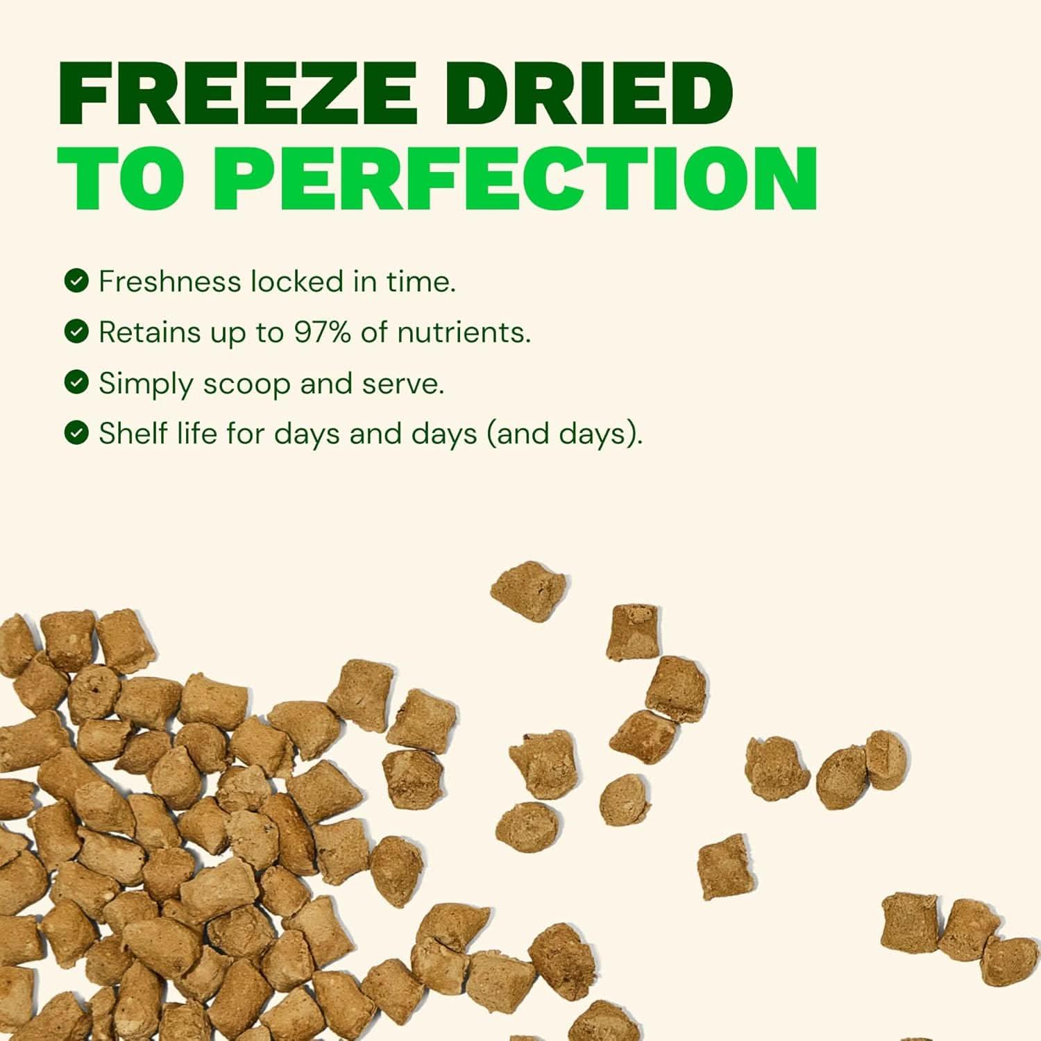 Get Joy Freeze Dried Raw Dog Food pieces highlighting freshness and nutrient retention