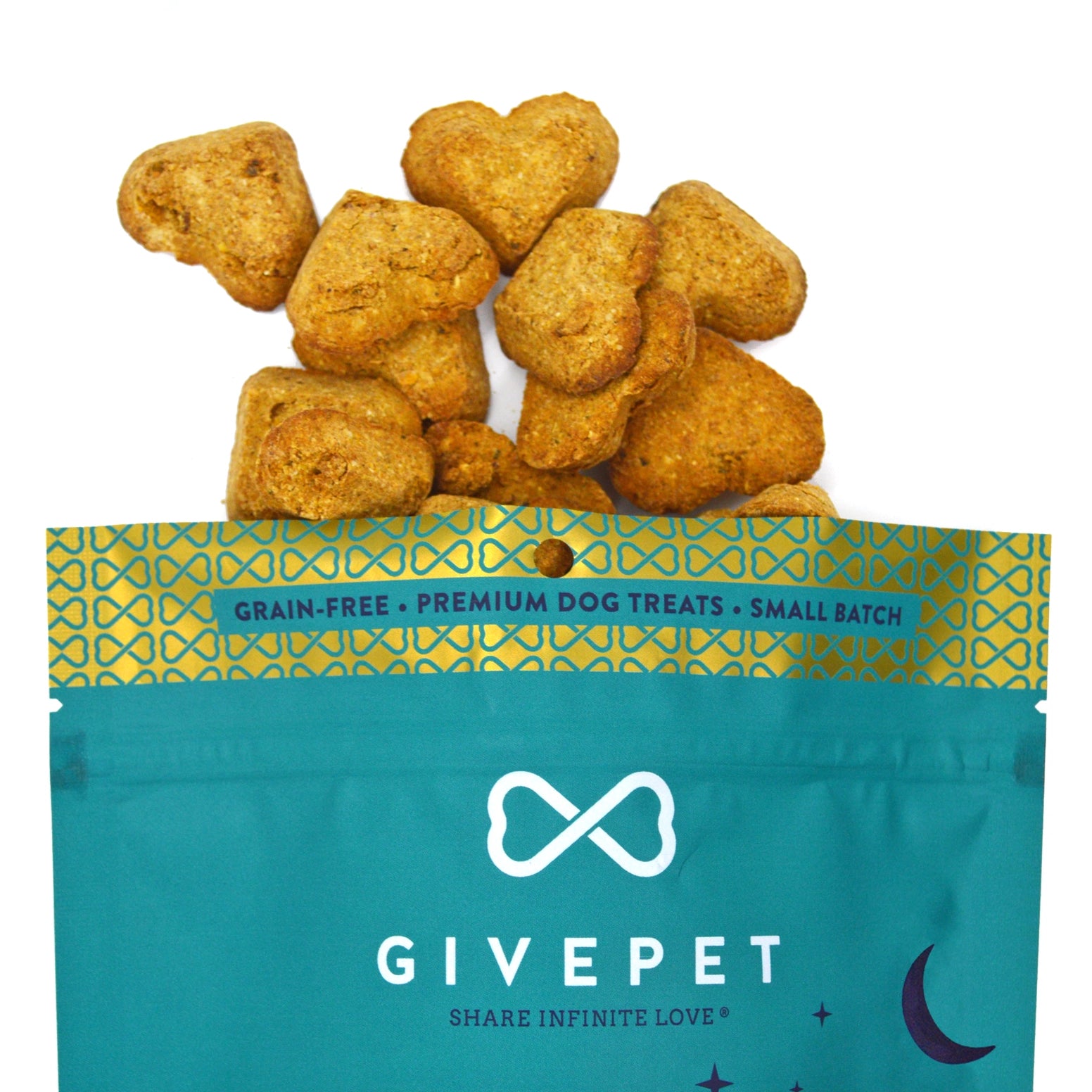 GivePet Breakfast All Day dog treats in heart shapes from a premium grain-free bag