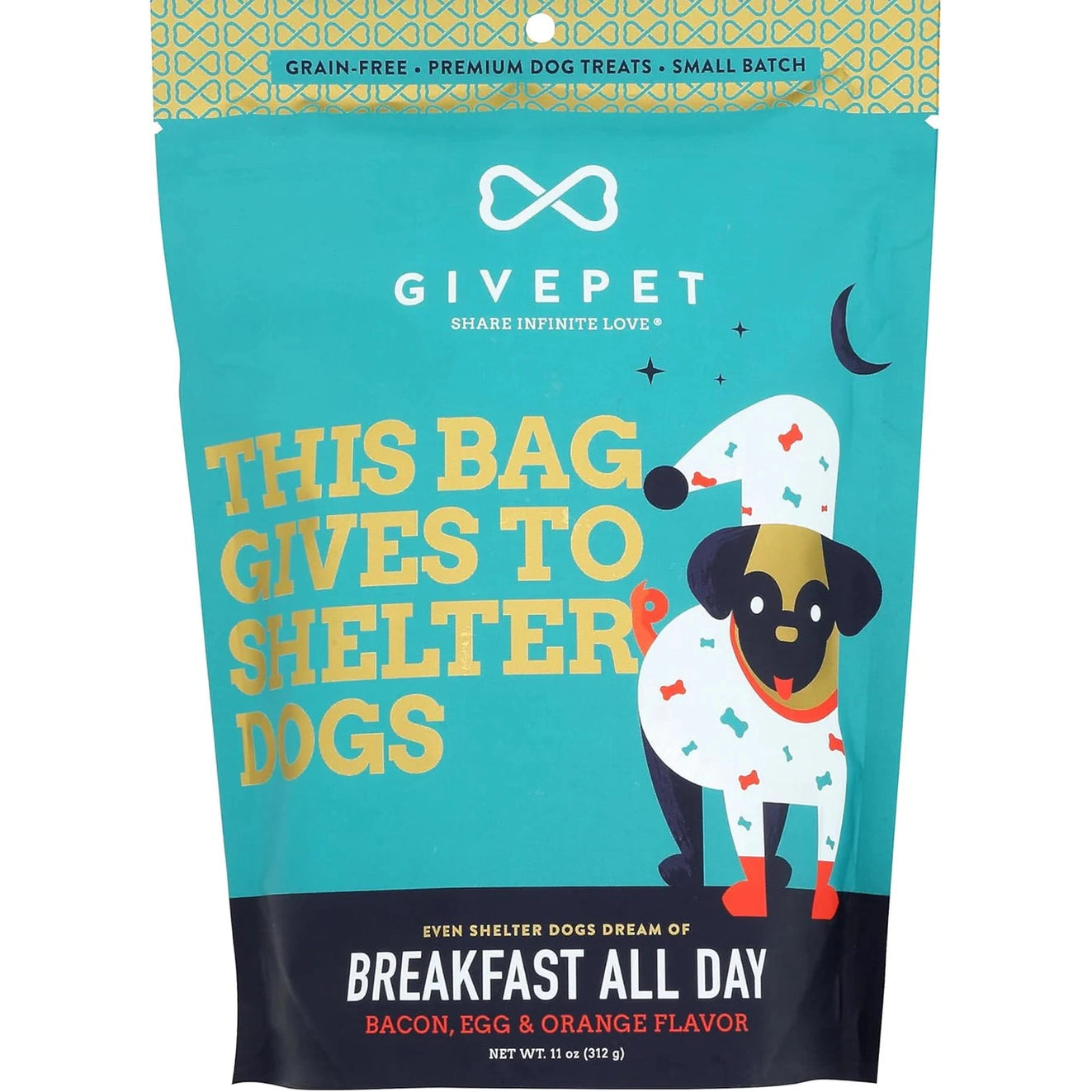 GivePet Breakfast All Day dog treats in a vibrant bag featuring bacon, egg, and orange flavor