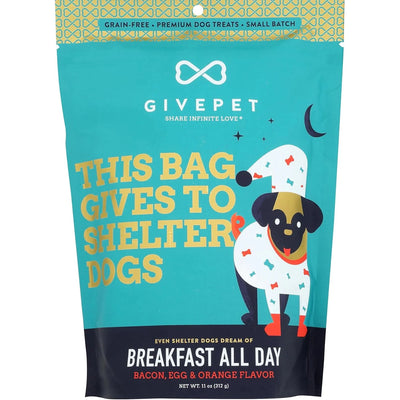 GivePet Breakfast All Day dog treats in a vibrant bag featuring bacon, egg, and orange flavor