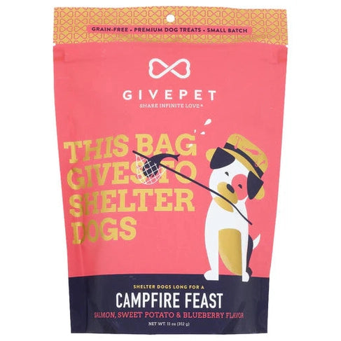 GivePet Campfire Feast dog treats in a 11 oz bag featuring salmon, sweet potato, and blueberry flavor