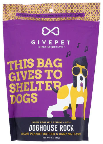 GivePet Doghouse Rock dog treats with bacon, peanut butter, and banana flavor for happy pups