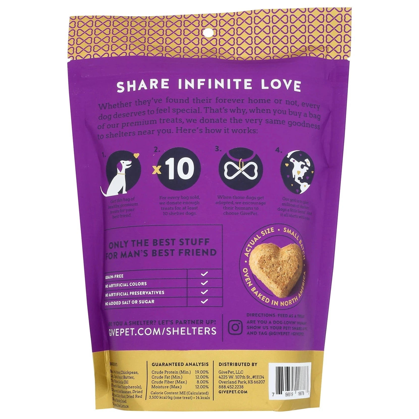 Back of GivePet Doghouse Rock dog treats bag featuring ingredients and donation information