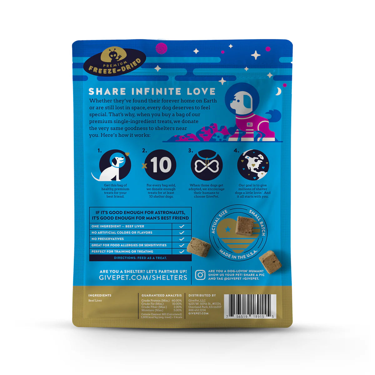 GivePet freeze-dried beef liver dog treats package featuring a colorful design and information about ingredients