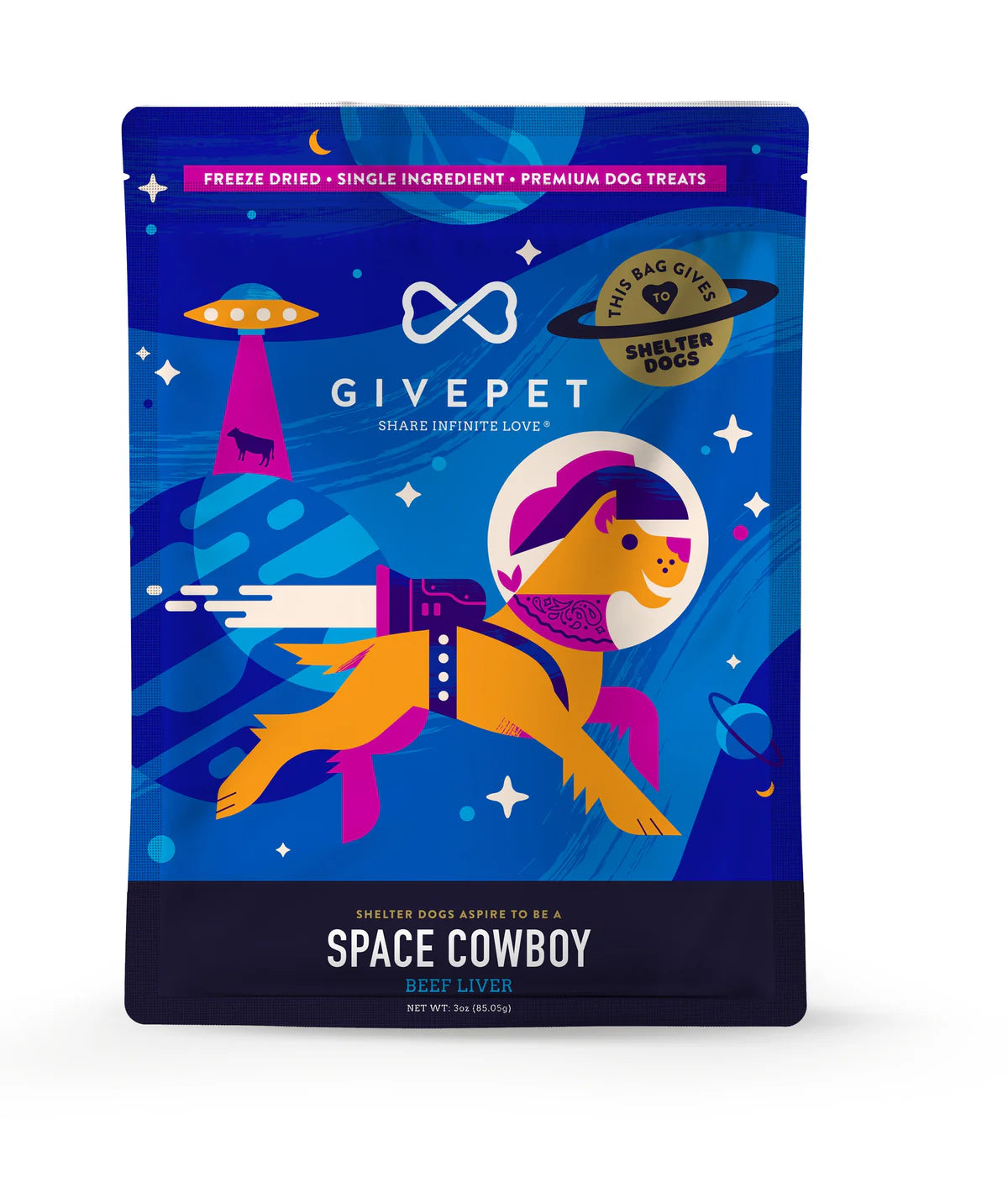 GivePet freeze-dried beef liver dog treats in colorful packaging featuring a space theme