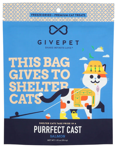 GivePet freeze dried cat treats in salmon flavor, designed to support shelter cats
