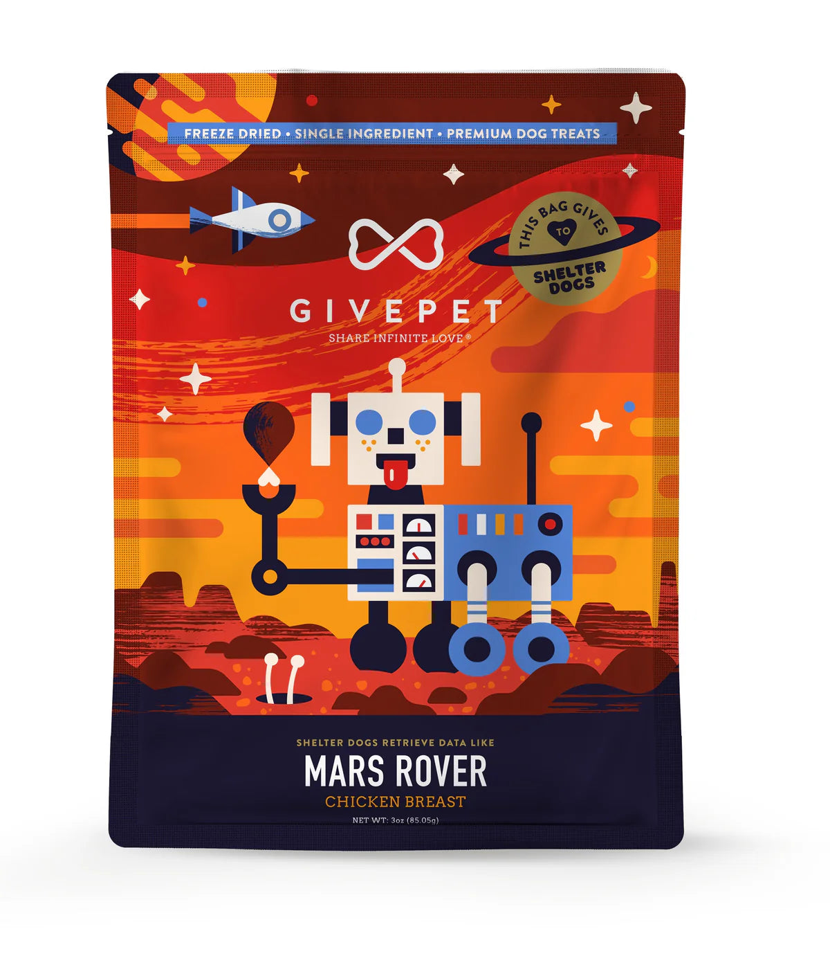 GivePet freeze-dried chicken dog treats in colorful Mars Rover packaging for healthy pet snacks