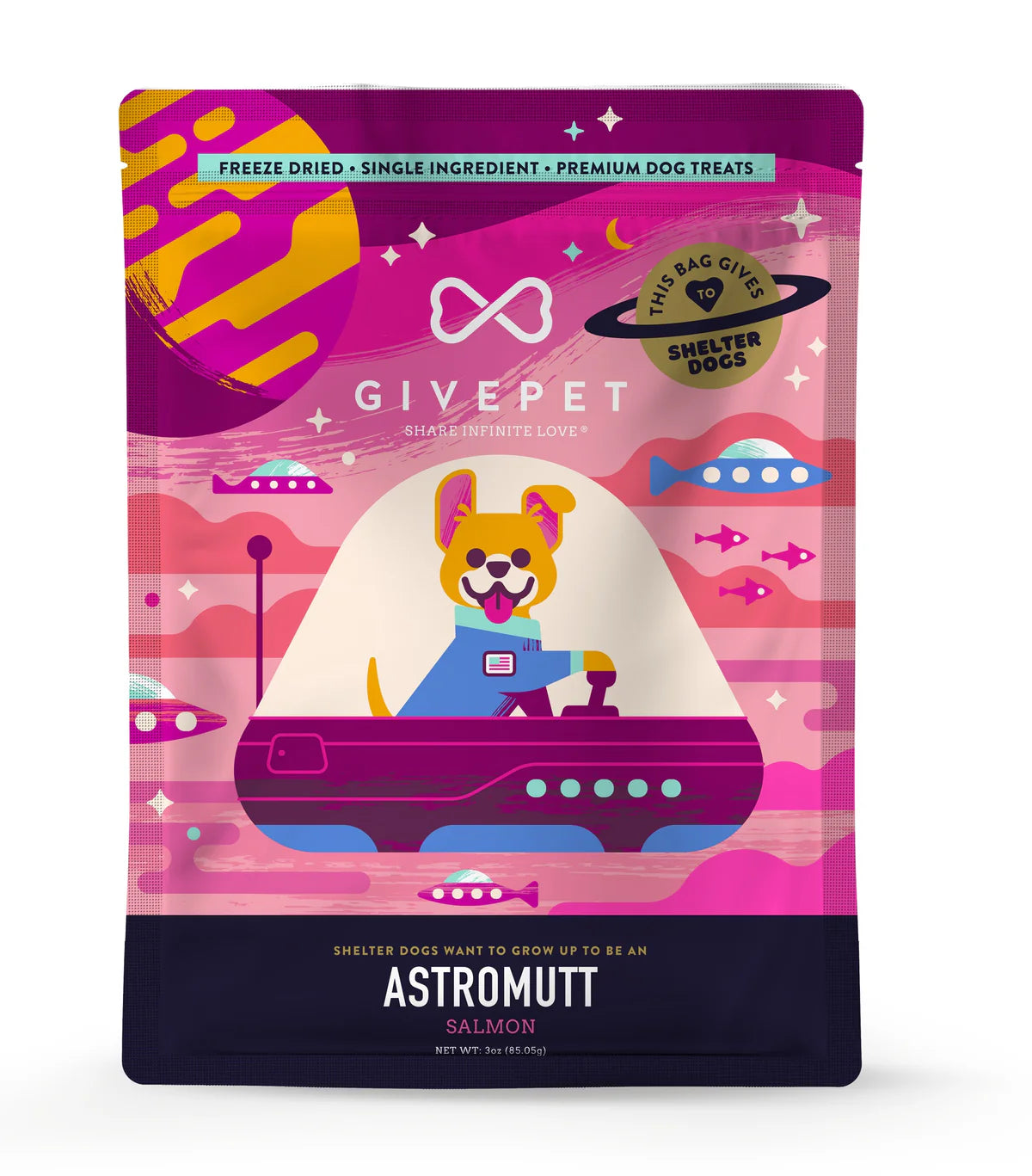 GivePet Astromutt Salmon Freeze-Dried Dog Treats in colorful packaging for premium dog nutrition