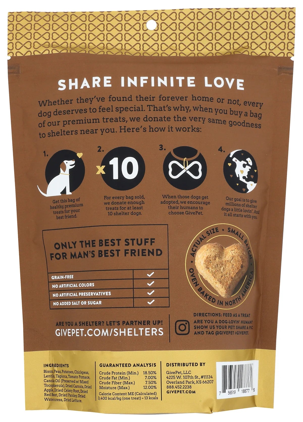 GivePet grain free baked dog biscuits packaged with a commitment to shelter donations