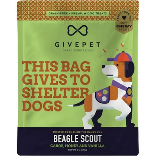 GivePet soft and chewy dog training treats with carob, honey, and vanilla flavors for shelter dogs