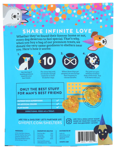 GivePet soft baked dog treats birthday packaging featuring vibrant colors and ingredients information