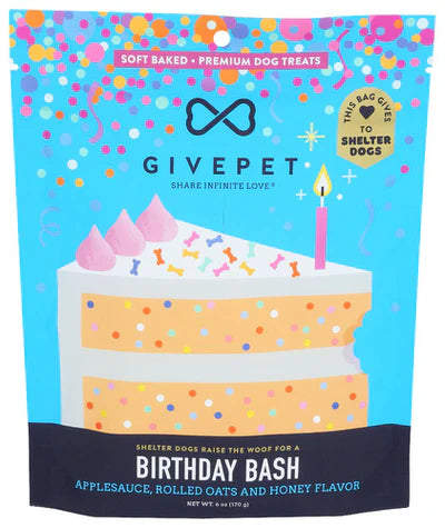 GivePet Birthday Bash soft baked dog treats birthday in a colorful package with cake illustration