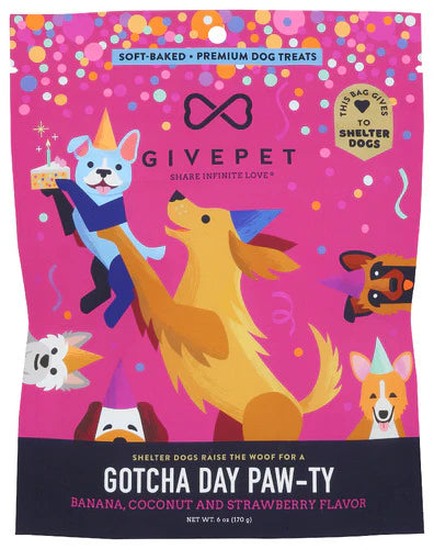 GivePet soft-baked dog treats in Gotcha Day Paw-ty flavor with banana, coconut, and strawberry