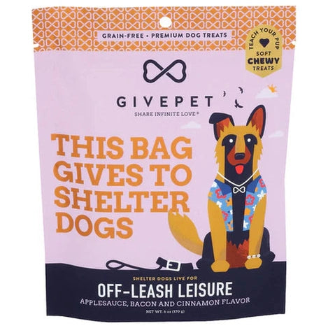 GivePet Soft Chewy Training Dog Treats in a colorful bag featuring a dog illustration and shelter dog support message