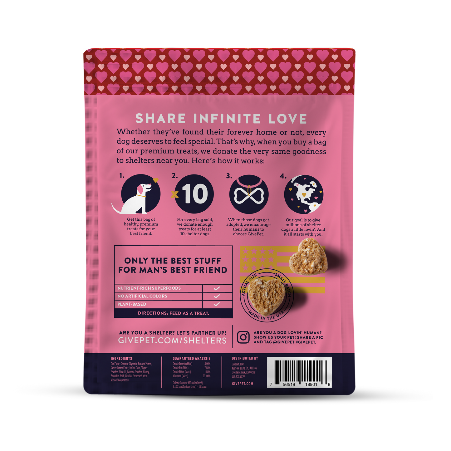 GivePet Sugar soft-baked dog treats package featuring heart designs and details about sharing with shelters
