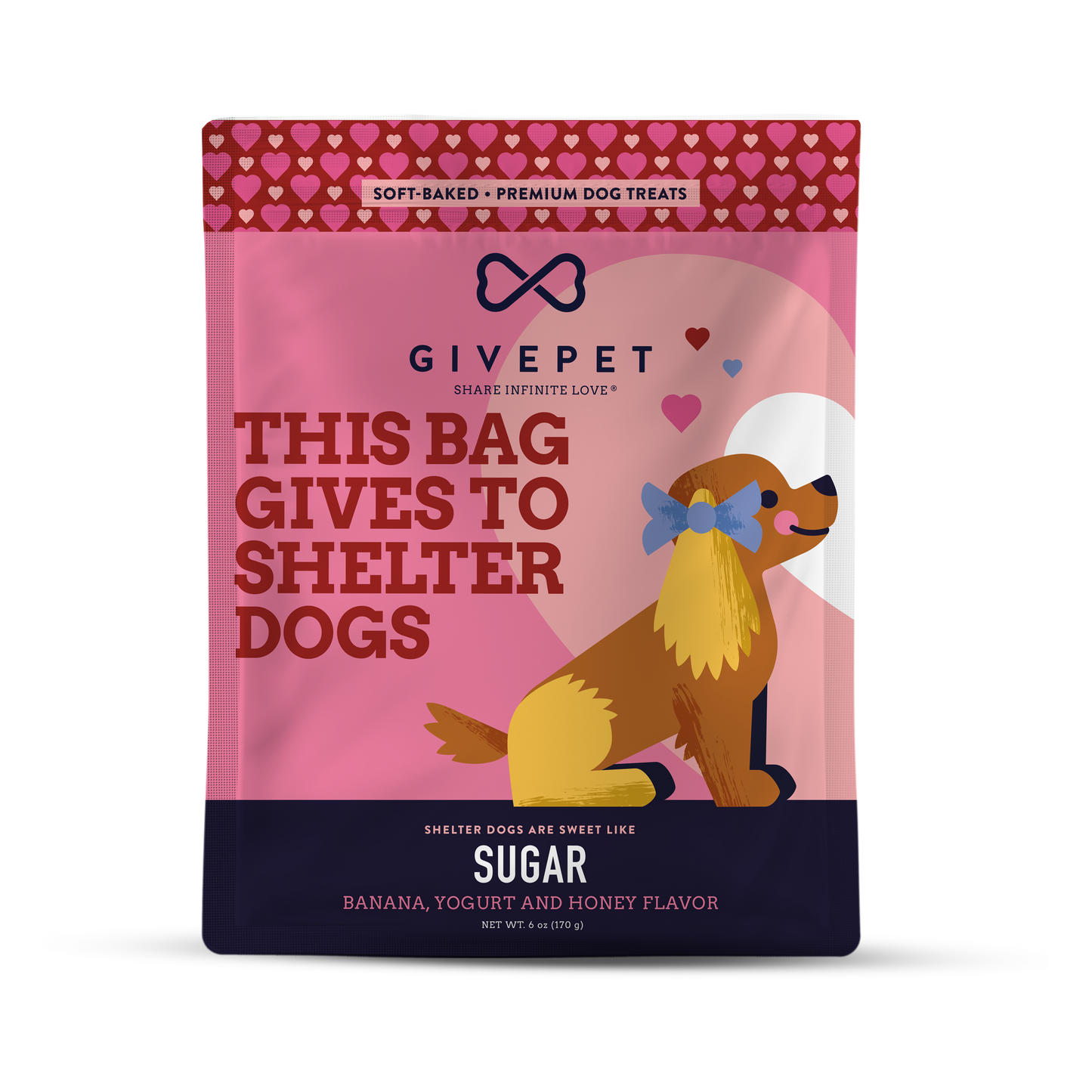 GivePet Sugar soft-baked dog treats with banana, yogurt, and honey flavor in a colorful package