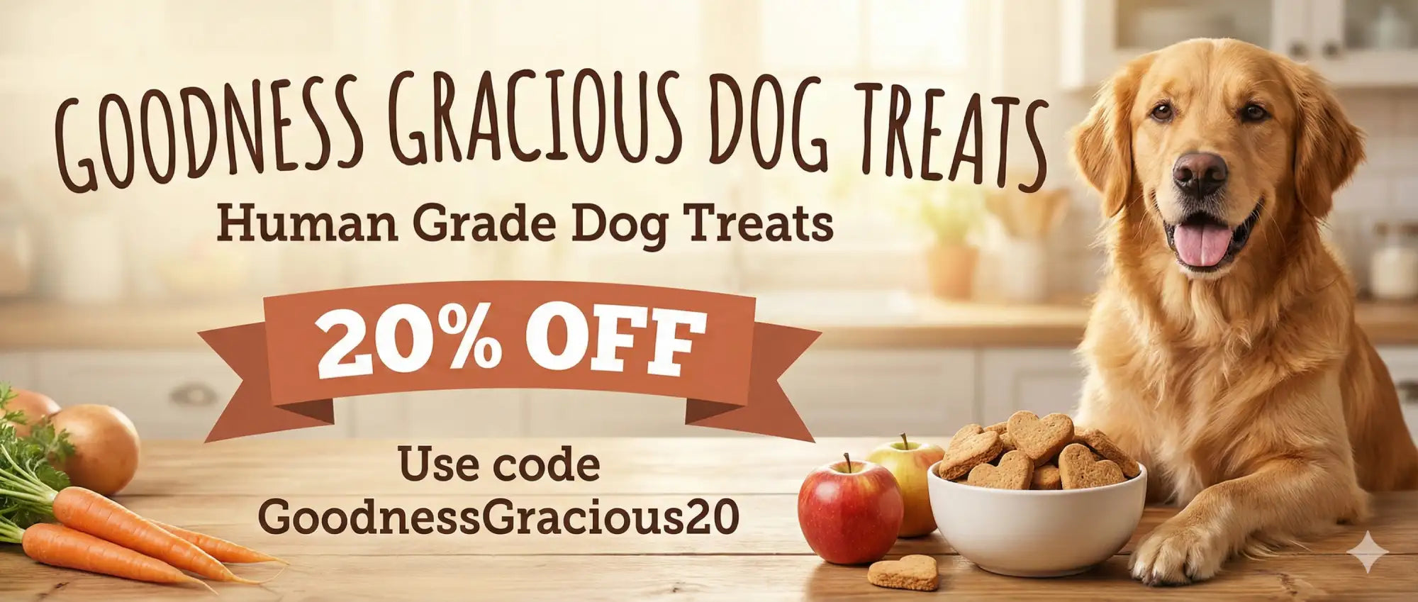 Golden retriever with a friendly expression, sitting beside a bowl of heart-shaped dog treats on a wooden table.