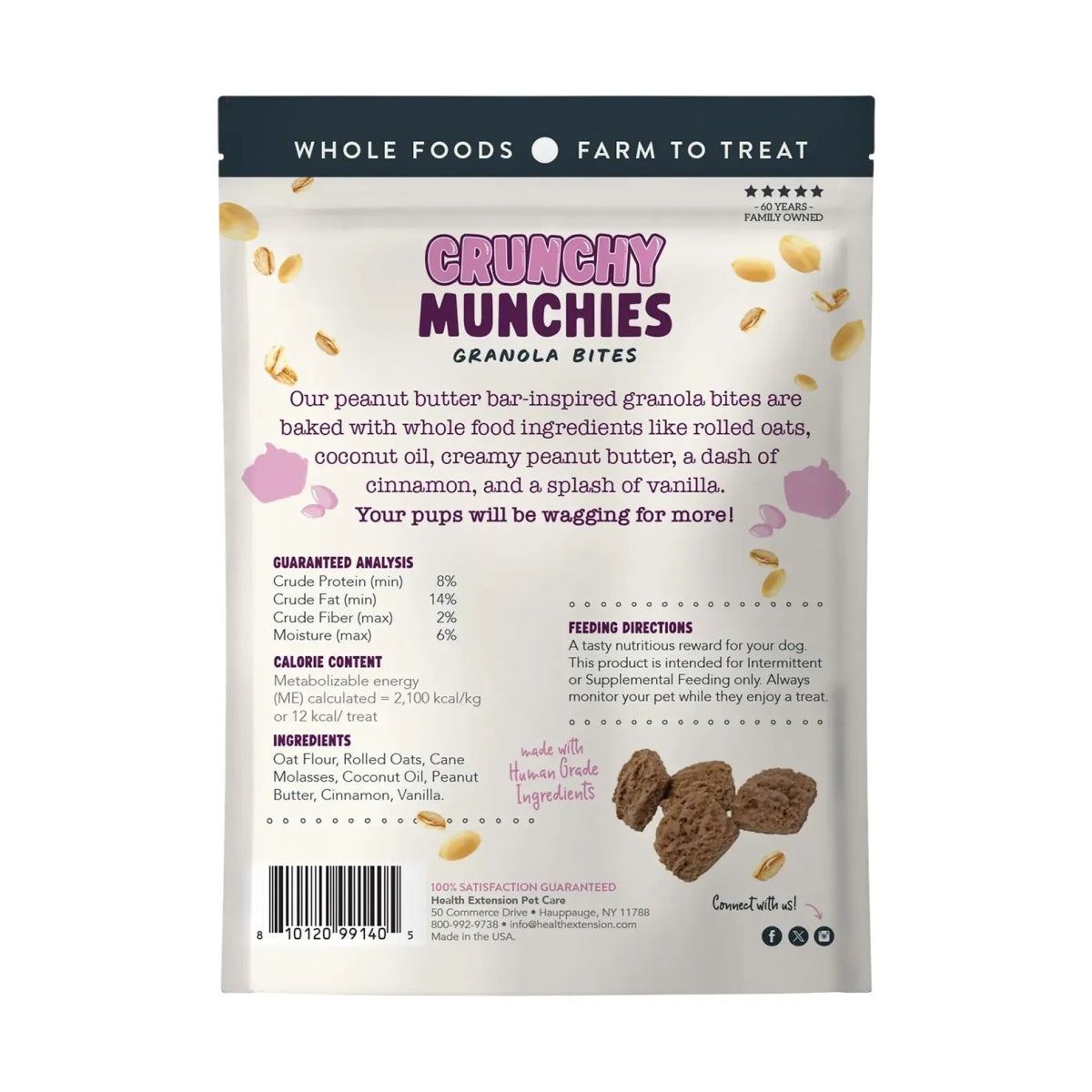 Health Extension Crunchy Munchies Granola Bites - Peanutty Squares Dog Treats 8 oz - Talis Us