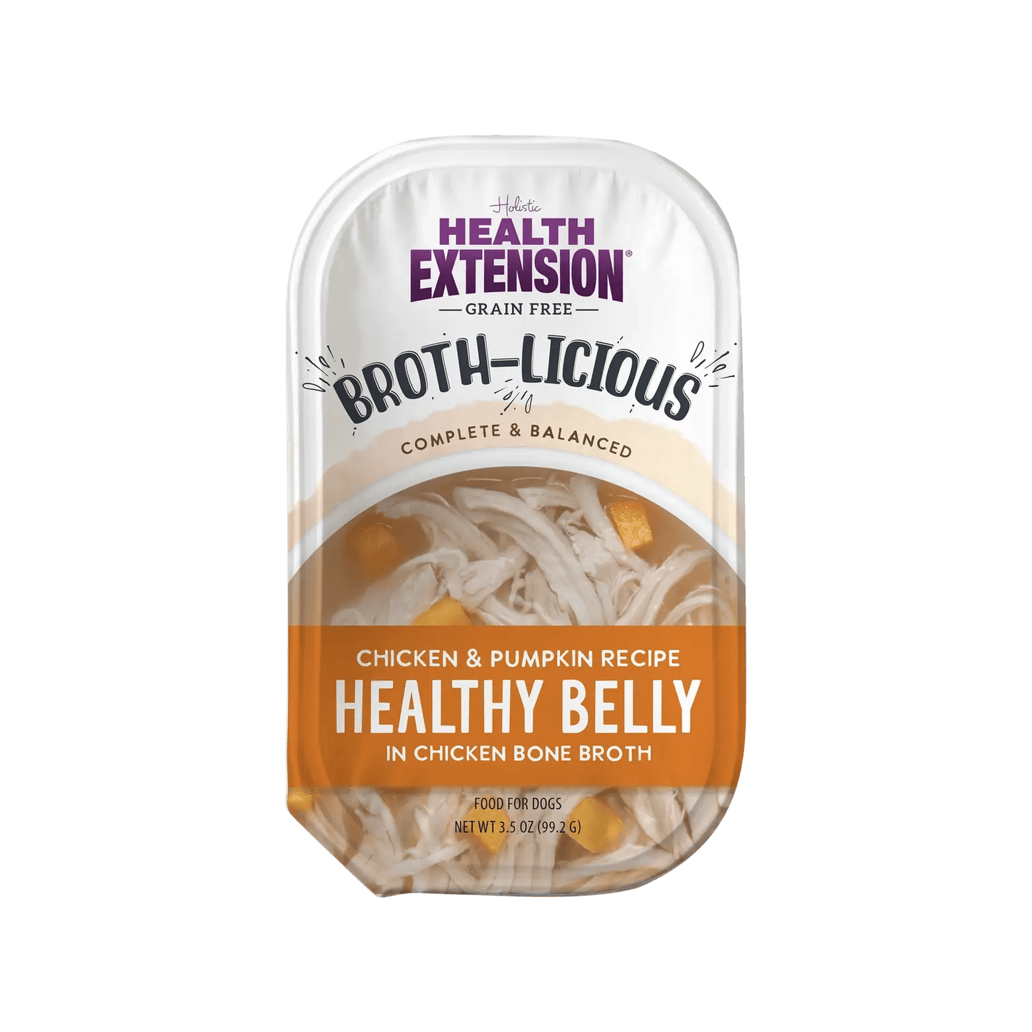Health Extension Healthy Belly wet dog food for sensitive stomachs featuring chicken and pumpkin in broth