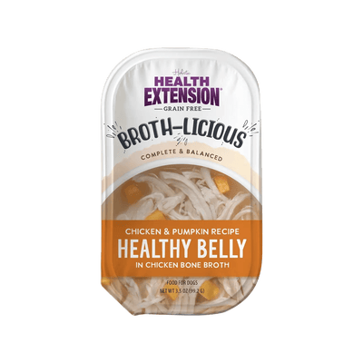 Health Extension Healthy Belly wet dog food for sensitive stomachs featuring chicken and pumpkin in broth